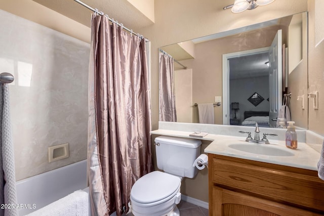 full bathroom featuring shower / bath combo, vanity, tile patterned floors, and toilet