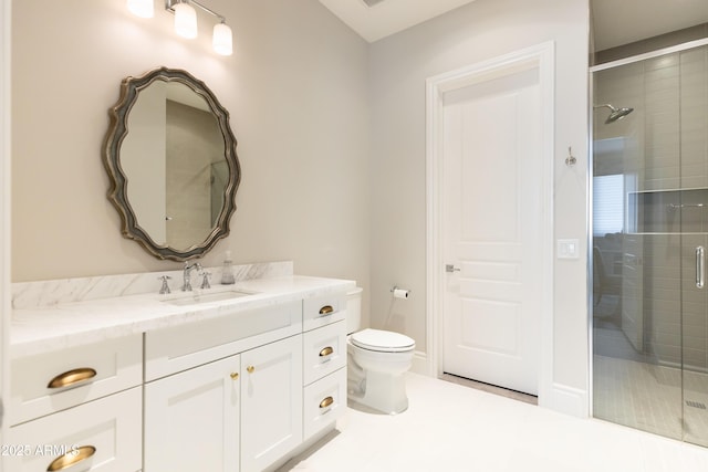 full bath with vanity, a shower stall, and toilet