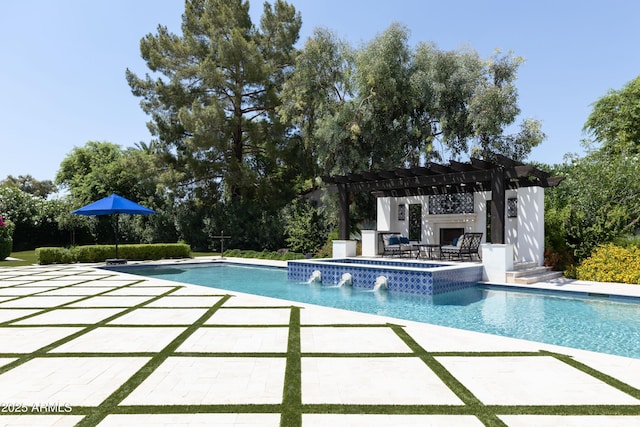 view of pool with a fenced in pool, a patio area, and a pergola