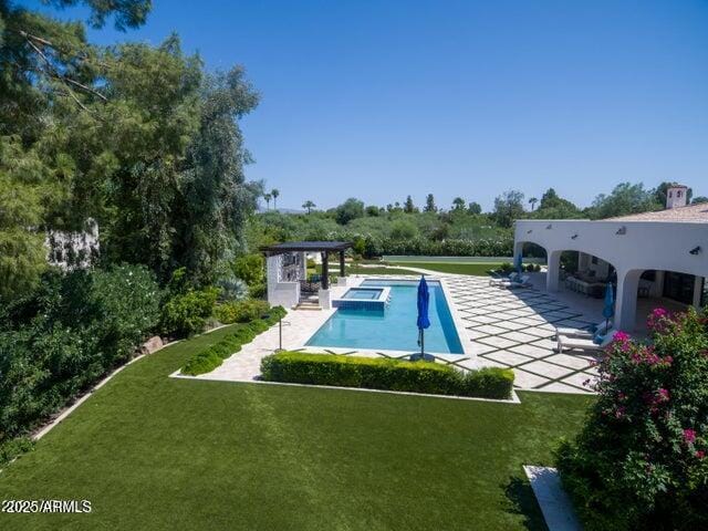 outdoor pool with a gazebo, a yard, and a patio