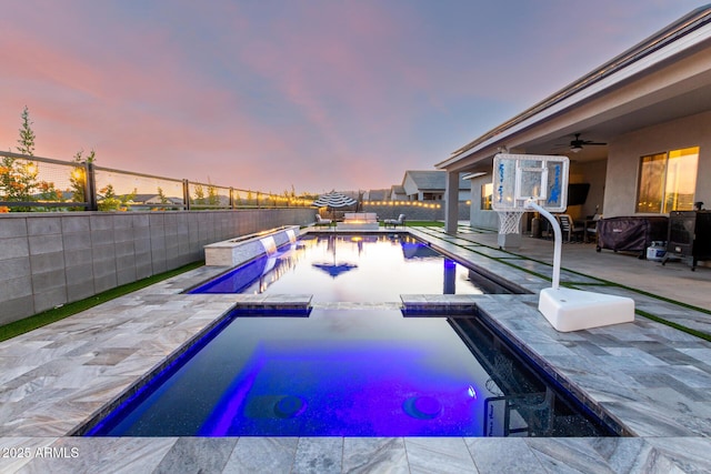 18139 W Oregon Ct, Litchfield Park, AZ 85340 - view of swimming pool featuring an in-ground hot tub, a ceiling fan, a fenced backyard, and a patio