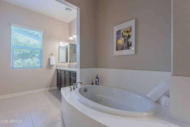 bathroom with tile patterned floors, vanity, and a washtub