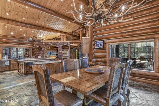 dining area with beamed ceiling, wooden ceiling, a notable chandelier, high vaulted ceiling, and rustic walls