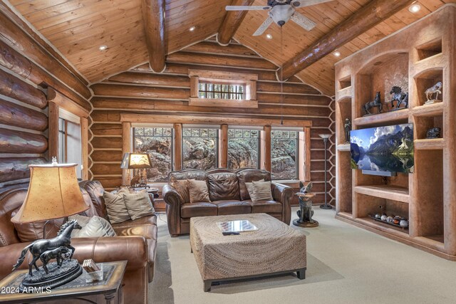 carpeted living room with high vaulted ceiling, wood ceiling, and ceiling fan