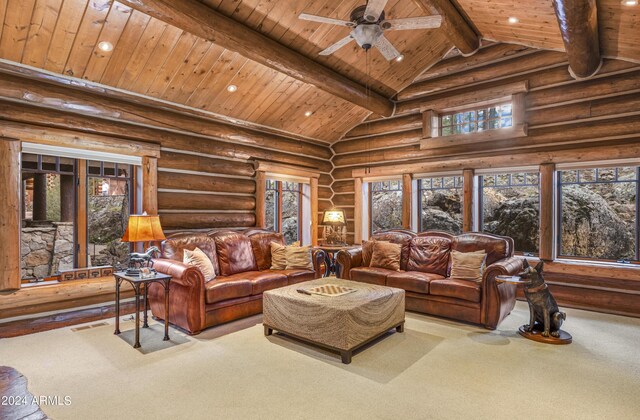 living room with wood ceiling, high vaulted ceiling, ceiling fan, and rustic walls