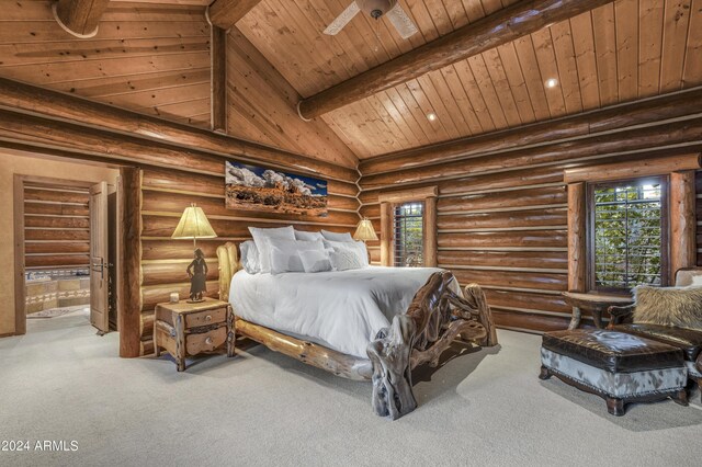 carpeted bedroom with wood ceiling, ceiling fan, rustic walls, and multiple windows