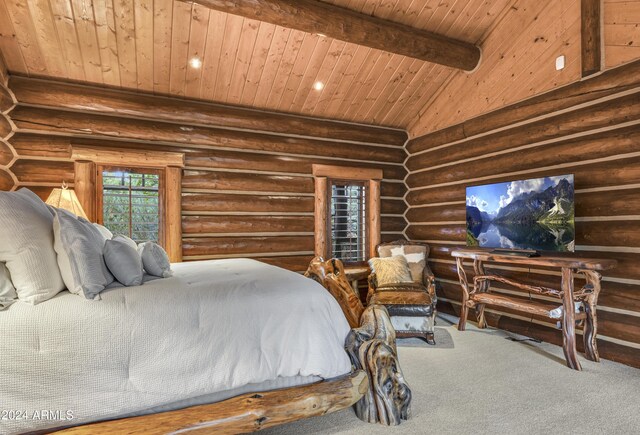 carpeted bedroom with rustic walls, wooden ceiling, and lofted ceiling with beams