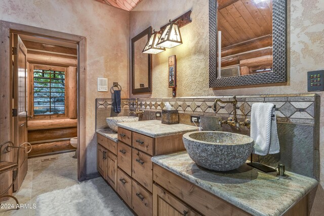 bathroom featuring toilet, wooden ceiling, and vanity