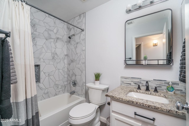 2889 S 161st Dr, Goodyear, AZ 85338 - full bathroom featuring tasteful backsplash, toilet, vanity, and shower / tub combo