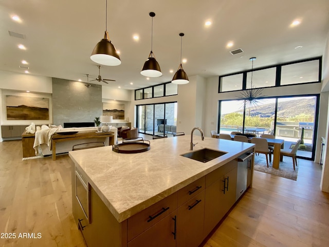 kitchen featuring sink, hanging light fixtures, light hardwood / wood-style flooring, and an island with sink