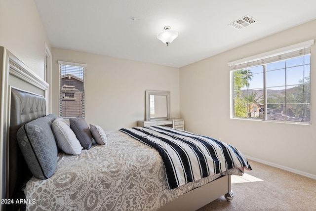 bedroom featuring light carpet and multiple windows