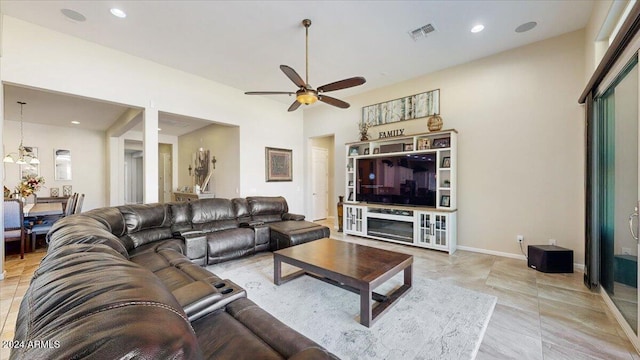 living room featuring ceiling fan