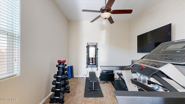 workout room featuring ceiling fan and carpet floors