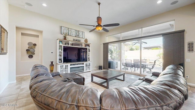 living room featuring ceiling fan