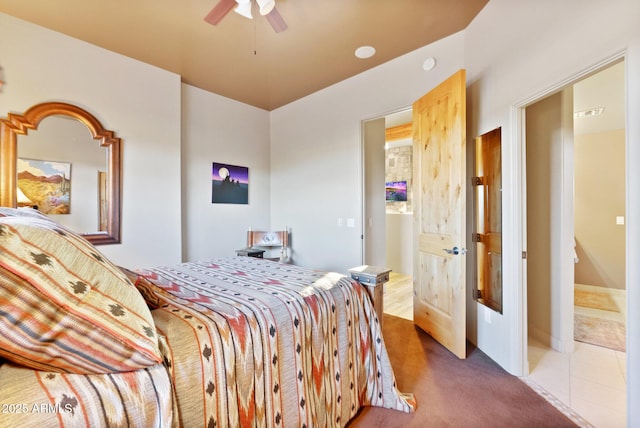 bedroom featuring tile patterned flooring and ceiling fan