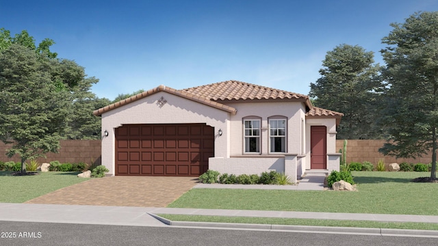 mediterranean / spanish-style home featuring fence, a tiled roof, a front yard, and a garage