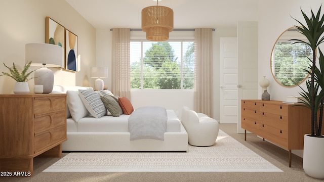 bedroom featuring light colored carpet
