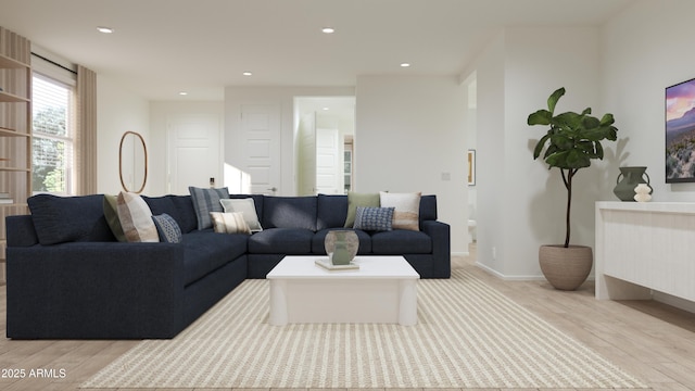 living area featuring recessed lighting, baseboards, and light wood-type flooring