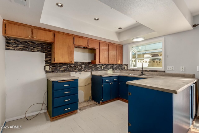 kitchen with tasteful backsplash, sink, and a raised ceiling