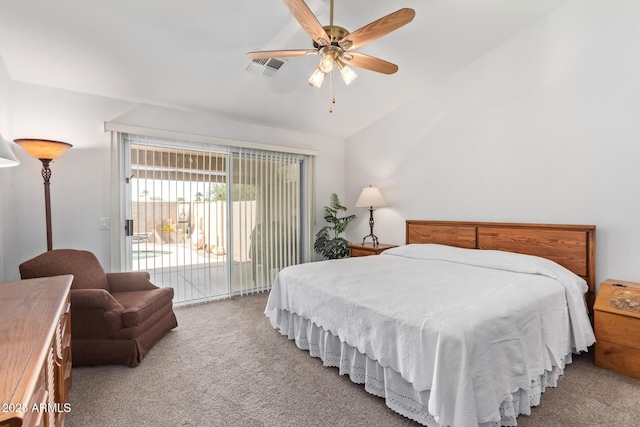24832 S Boxwood Dr, Sun Lakes, AZ 85248 - carpeted bedroom with lofted ceiling, a ceiling fan, visible vents, and access to exterior