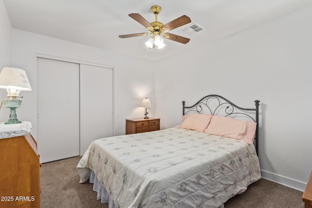 24832 S Boxwood Dr, Sun Lakes, AZ 85248 - carpeted bedroom with baseboards, ceiling fan, visible vents, and a closet
