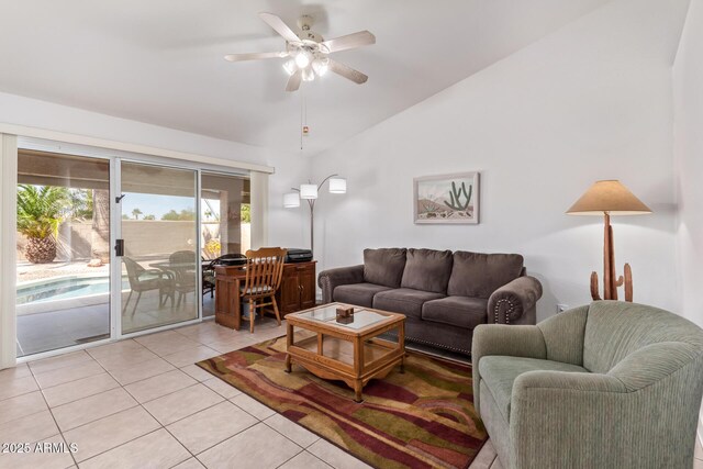 24832 S Boxwood Dr, Sun Lakes, AZ 85248 - living area with lofted ceiling, ceiling fan, and light tile patterned floors