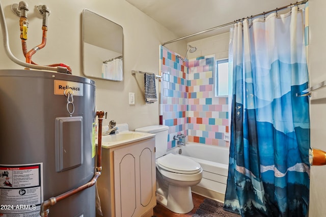 bathroom with toilet, water heater, shower / bath combination with curtain, and vanity