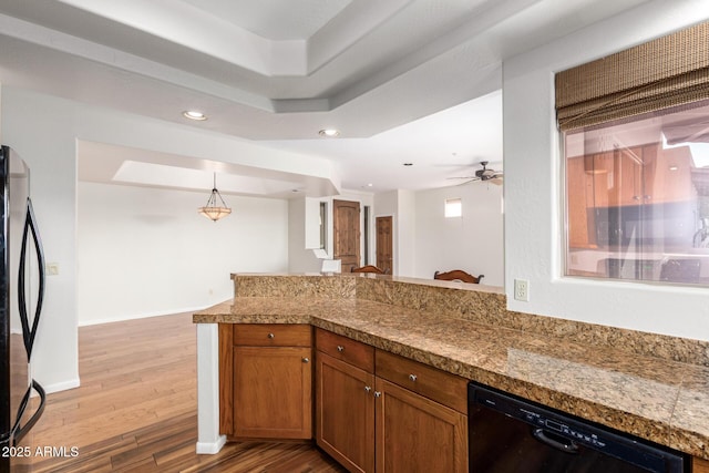 13600 N Fountain Hills Blvd Unit 501, Fountain Hills, AZ 85268 - kitchen featuring black dishwasher, freestanding refrigerator, tile counters, light wood-style floors, and recessed lighting