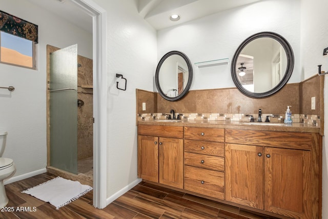 13600 N Fountain Hills Blvd Unit 501, Fountain Hills, AZ 85268 - full bath with wood finished floors, a stall shower, double vanity, and decorative backsplash