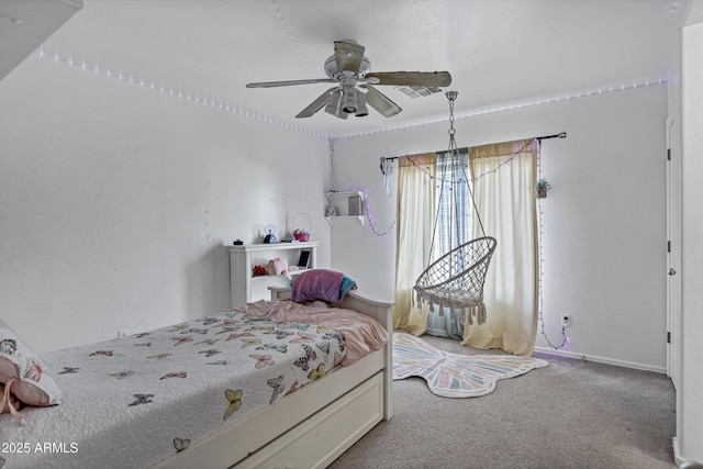 28014 N Jade St, San Tan Valley, AZ 85143 - bedroom featuring a wall mounted AC, carpet, baseboards, visible vents, and a ceiling fan