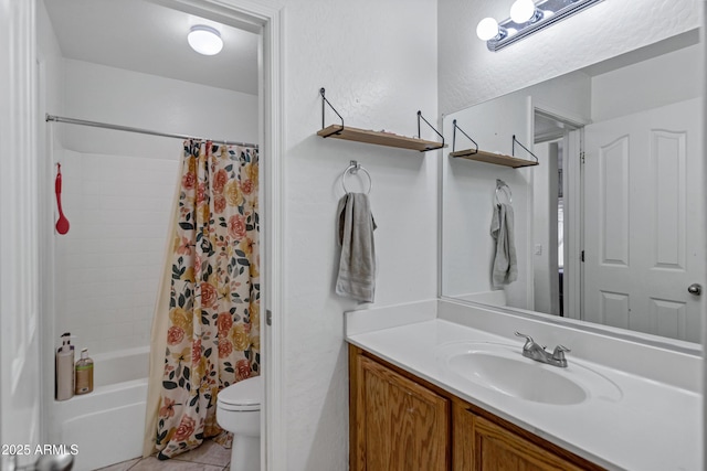 28014 N Jade St, San Tan Valley, AZ 85143 - bathroom with shower / tub combo, toilet, tile patterned flooring, and vanity