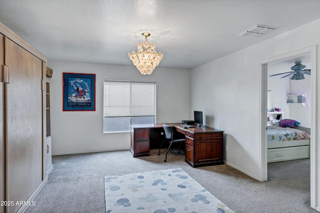 28014 N Jade St, San Tan Valley, AZ 85143 - office space with baseboards, visible vents, a chandelier, and light carpet