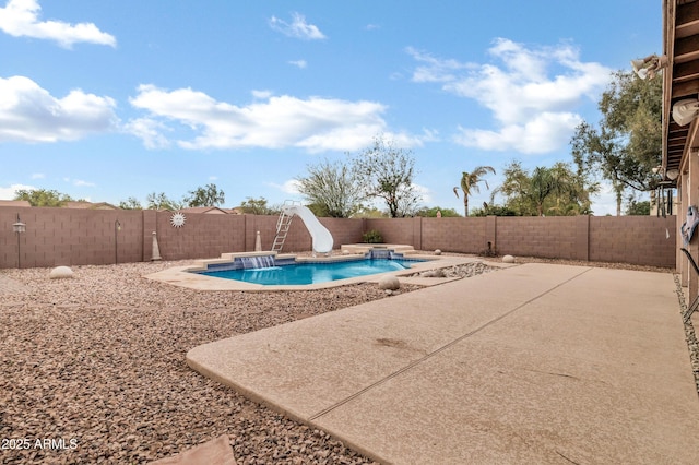 28014 N Jade St, San Tan Valley, AZ 85143 - view of pool featuring a fenced backyard, a water slide, a patio area, and a fenced in pool