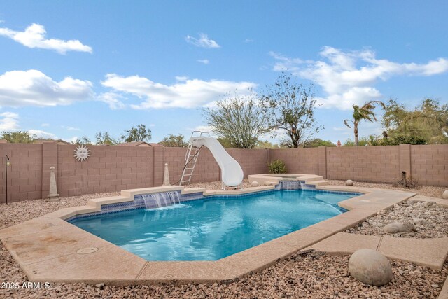 28014 N Jade St, San Tan Valley, AZ 85143 - view of pool with a fenced backyard, a fenced in pool, and a water slide
