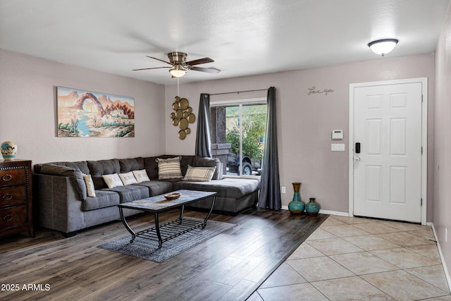 28014 N Jade St, San Tan Valley, AZ 85143 - living room featuring light wood-type flooring, baseboards, and ceiling fan