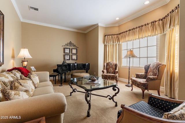 carpeted living room with crown molding