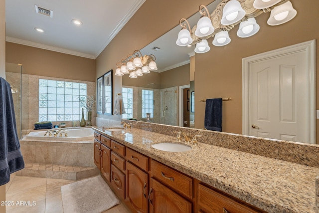 bathroom featuring tile patterned flooring, vanity, ornamental molding, and plus walk in shower