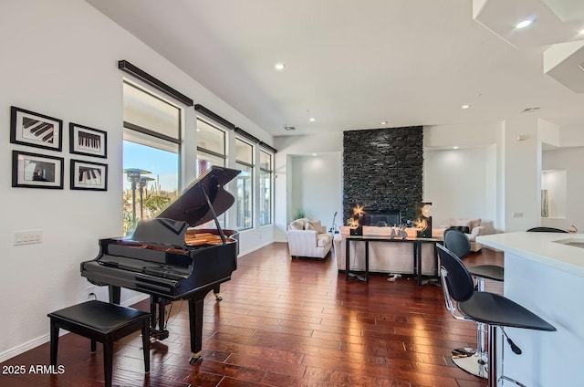 miscellaneous room featuring a stone fireplace and dark hardwood / wood-style floors