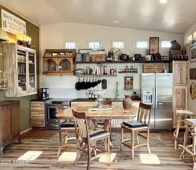 kitchen with a sink, appliances with stainless steel finishes, lofted ceiling, and wood finished floors