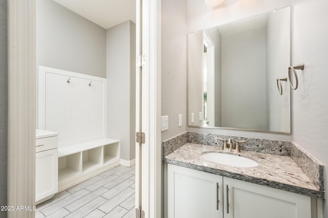 bathroom with wood finish floors and vanity