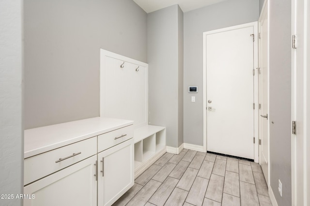 mudroom featuring baseboards and wood finish floors