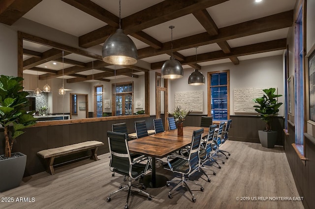 dining room featuring beam ceiling, a wainscoted wall, coffered ceiling, and wood finished floors