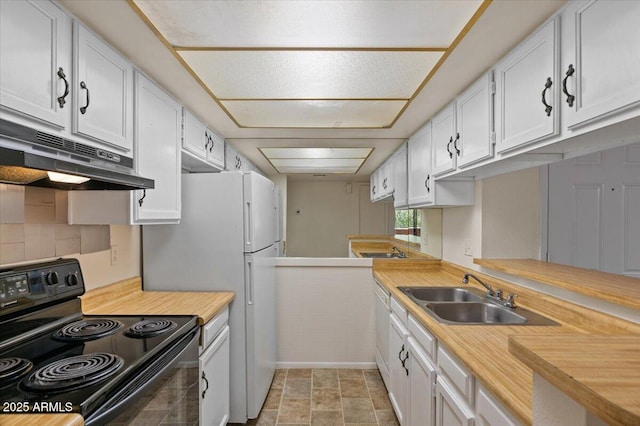 kitchen with black range with electric cooktop, under cabinet range hood, a sink, and light countertops