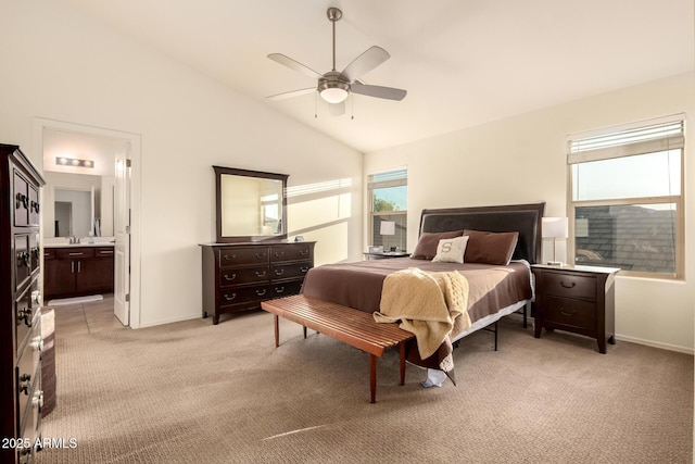 2149 E Aire Libre Ave, Phoenix, AZ 85022 - bedroom with light carpet, a ceiling fan, ensuite bath, and high vaulted ceiling