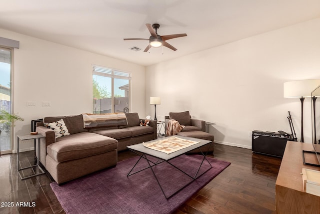 2149 E Aire Libre Ave, Phoenix, AZ 85022 - living area with dark wood finished floors and a ceiling fan