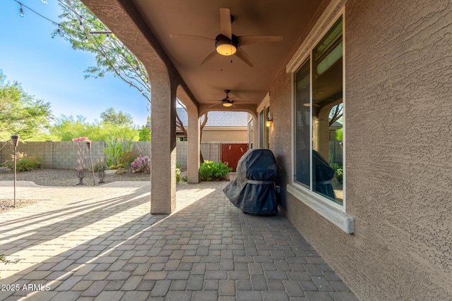 2149 E Aire Libre Ave, Phoenix, AZ 85022 - fenced backyard featuring a ceiling fan, a patio area, and a grill