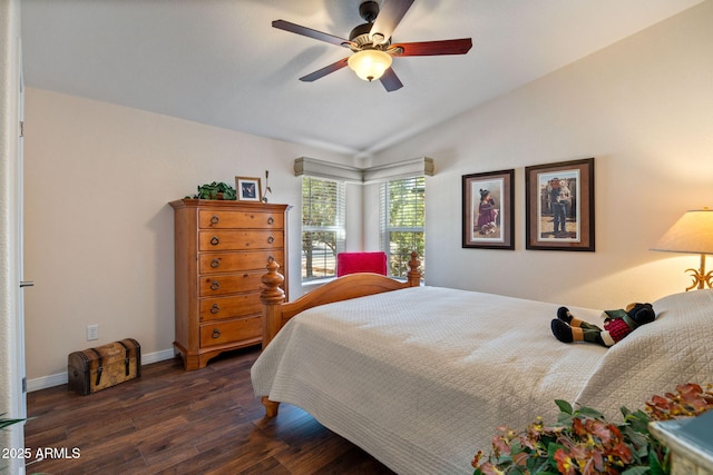 2080 W Pine Grove Dr, Show Low, AZ 85901 - bedroom featuring dark wood-type flooring, lofted ceiling, and ceiling fan