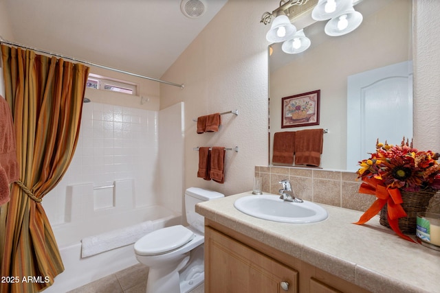 2080 W Pine Grove Dr, Show Low, AZ 85901 - bathroom featuring vanity, shower / bathtub combination with curtain, decorative backsplash, tile patterned floors, and a textured wall