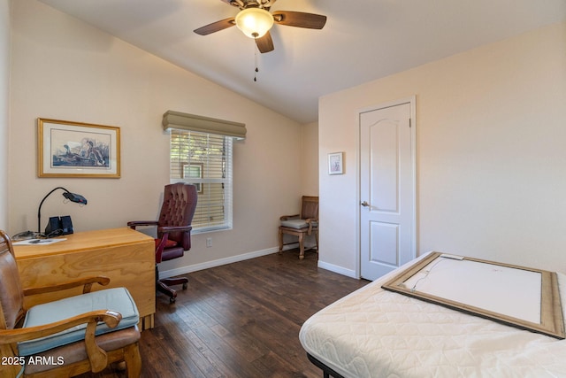 2080 W Pine Grove Dr, Show Low, AZ 85901 - bedroom with wood finished floors, lofted ceiling, a desk, and a ceiling fan