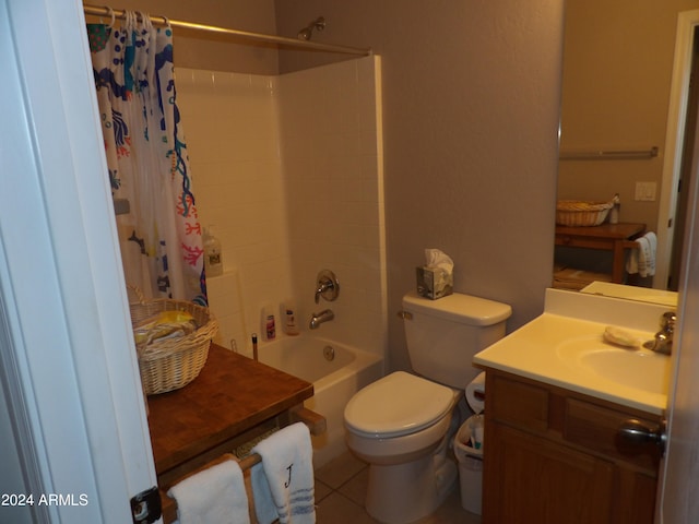 full bathroom with toilet, vanity, shower / bath combination with curtain, and tile patterned flooring